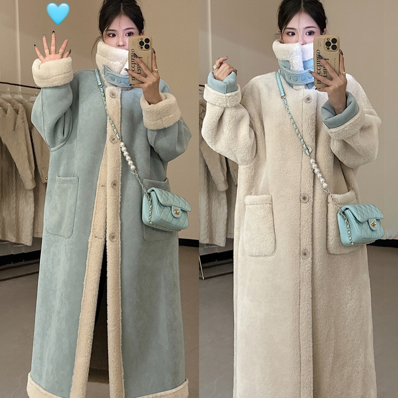 秋冬加厚长款双面穿羊羔毛绒鹿皮绒机车服皮毛一体仿皮草外套女