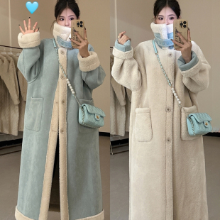 秋冬加厚长款双面穿羊羔毛绒鹿皮绒机车服皮毛一体仿皮草外套女