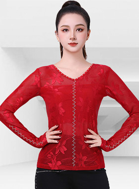 汉舞伦巴演出服镶钻上衣V领长袖勾手指网纱提花性感透视舞蹈上衣