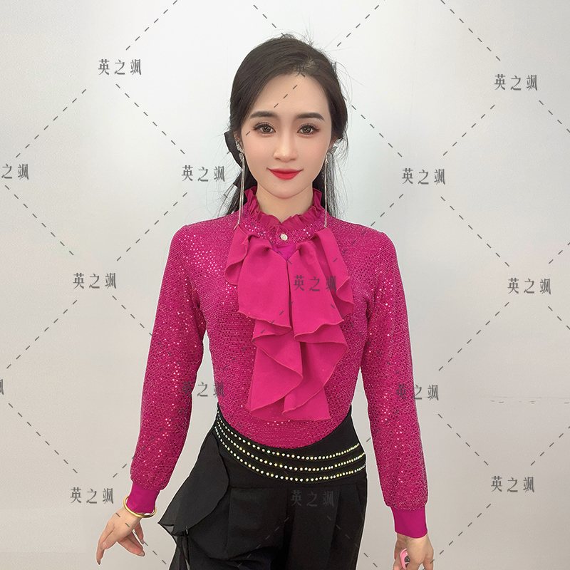 立领花边长袖跳舞衣亮片连档衣