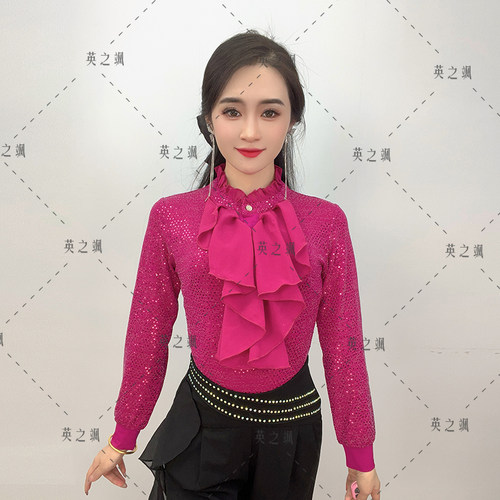 立领花边长袖跳舞衣亮片连档衣