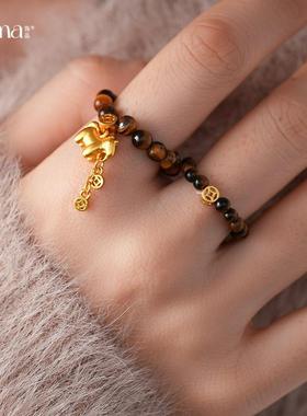 美拉德复古虎眼石串珠小马吊坠戒指小众高级感食指戒时尚个性手饰