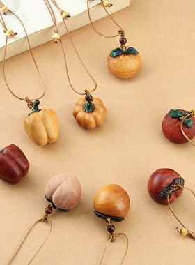 复古文艺植物果实型木质吊坠项链女简约小众编织长款毛衣链配饰品