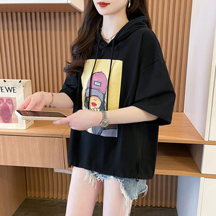 夏季纯棉连帽宽松短袖t恤女士短款显瘦休闲百搭洋气网红时尚上衣