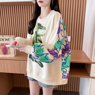 纯棉宽松大码女上衣韩版春秋设计感撞色卡通圆领薄款卫衣女外套