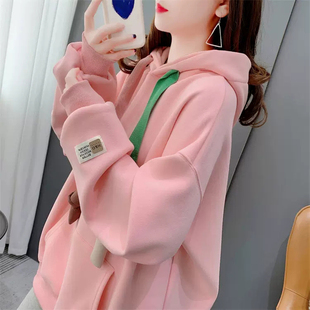 新款爆款春秋款口袋宽松中长款加绒加厚减龄慵懒风连帽卫衣女外套