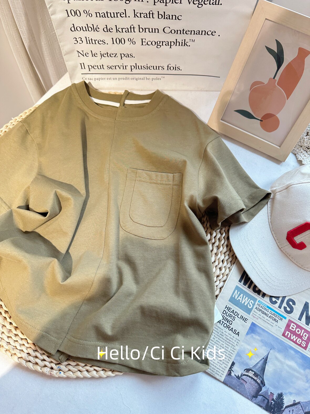 熙熙布衣品牌男童夏季军绿色短袖T恤韩版休闲胸前口袋圆领套头潮