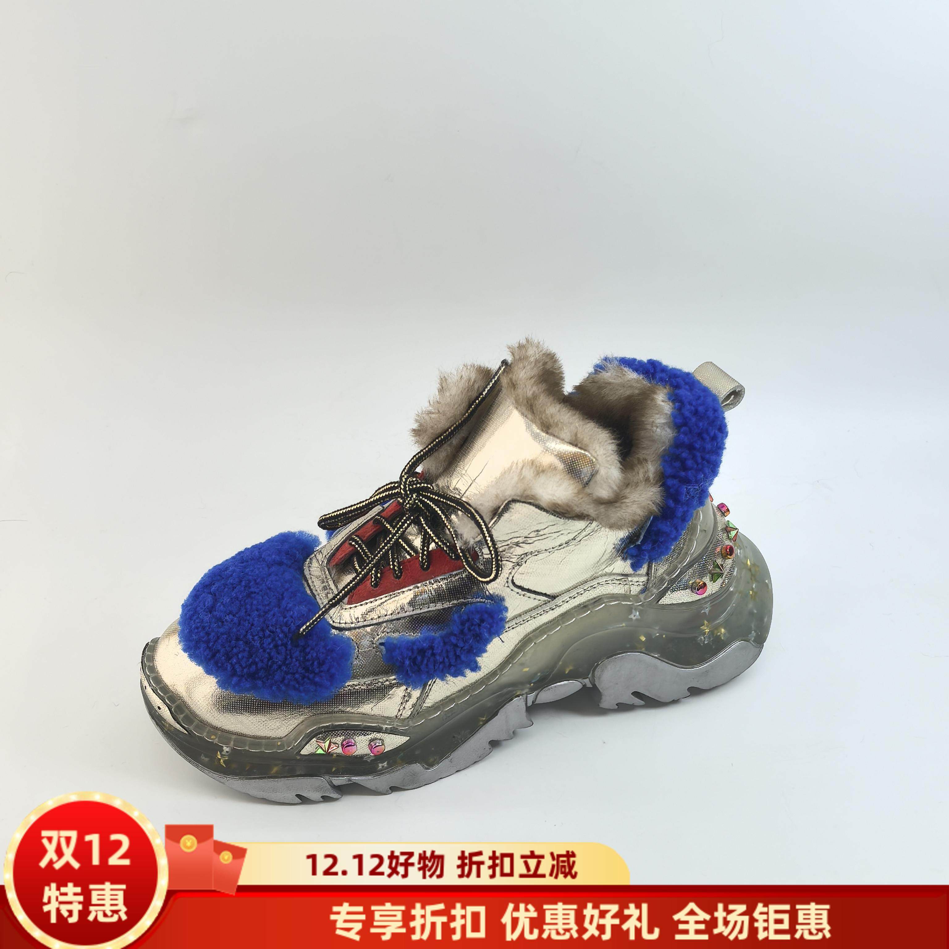 新年特惠新款休闲鞋兔毛内里牛皮绑带保暖真皮厚底小众欧洲站女鞋