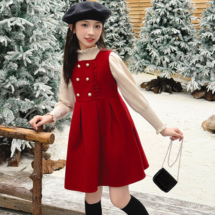 女童冬季拜年服套装2026新款红色呢子背心裙打底衫毛衣冬款两件套