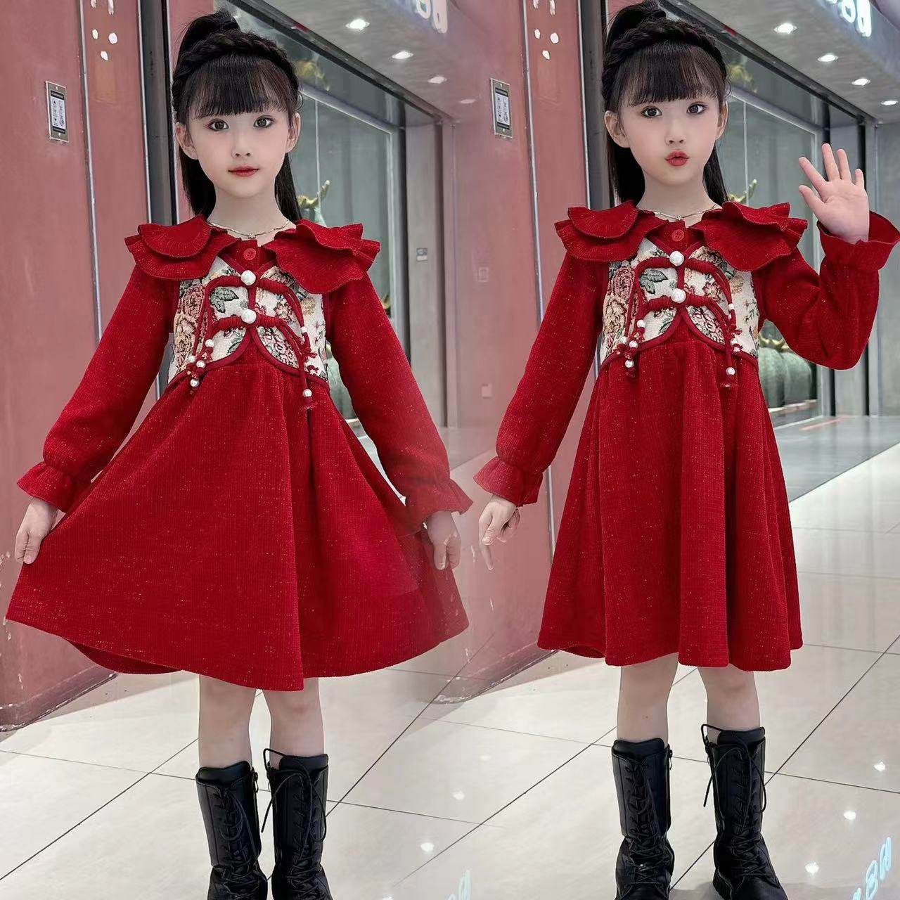 女童连衣裙加绒加厚冬装2026新款洋气儿童假两件甜美女孩复古裙子