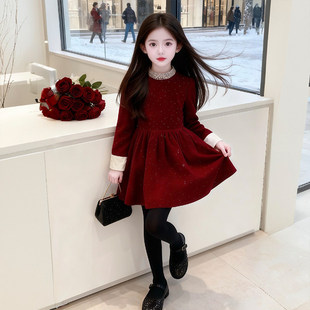 女童冬季加绒连衣裙2025新款中大童洋气女孩加厚红色公主裙秋冬款