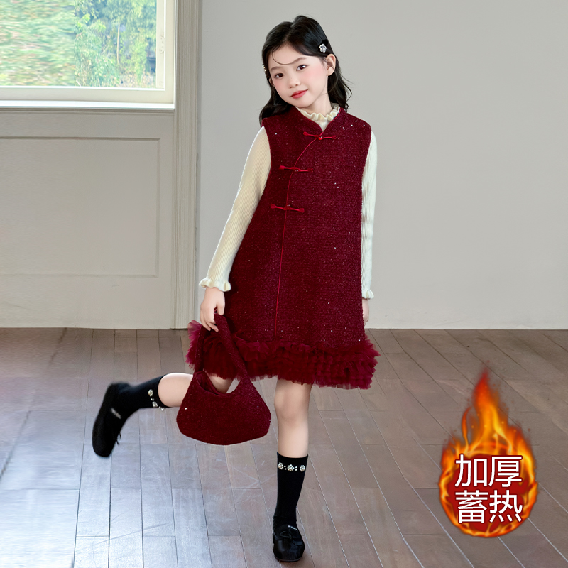 女童冬季加厚年服旗袍套装2025