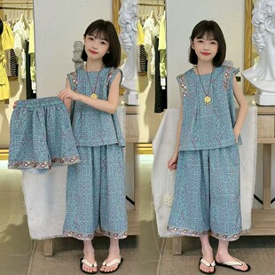 女童夏季套装2026新款儿童洋气中大童无袖上衣薄款短裤夏装三件套