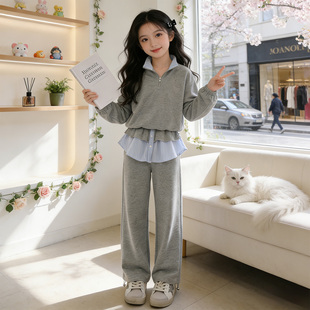 女童春秋季卫衣套装2026新款立领运动风韩版洋气阔腿裤两件套