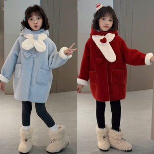 女童爱心呢子大衣2025冬季新款洋气小女孩韩版中长款加厚毛呢外套