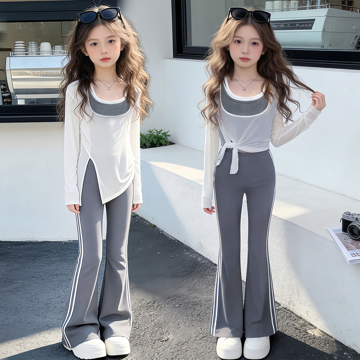 女童夏季套装2026新款儿童时尚洋气中大童罩衫吊带喇叭裤三件套潮