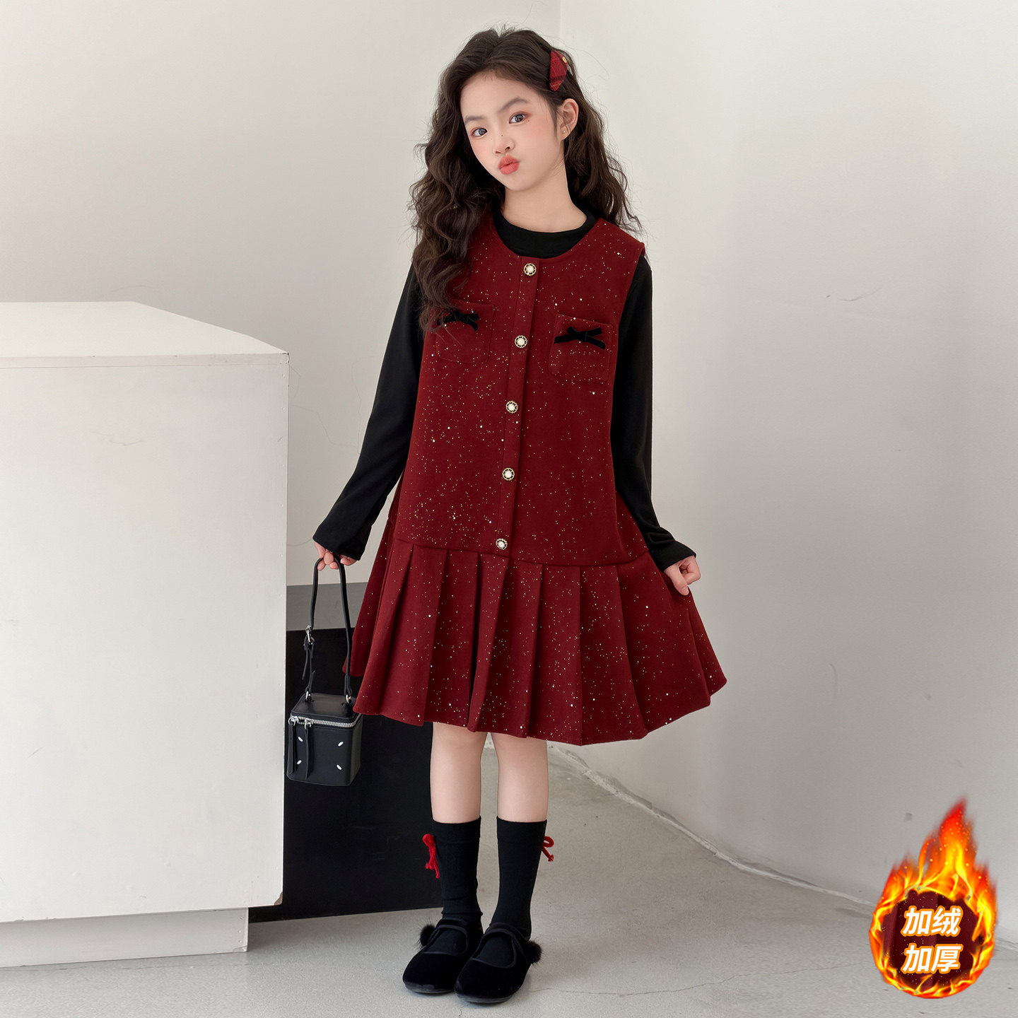 女童冬季加厚拜年服连衣裙套装2025新款打底衫背心裙两件套秋冬款