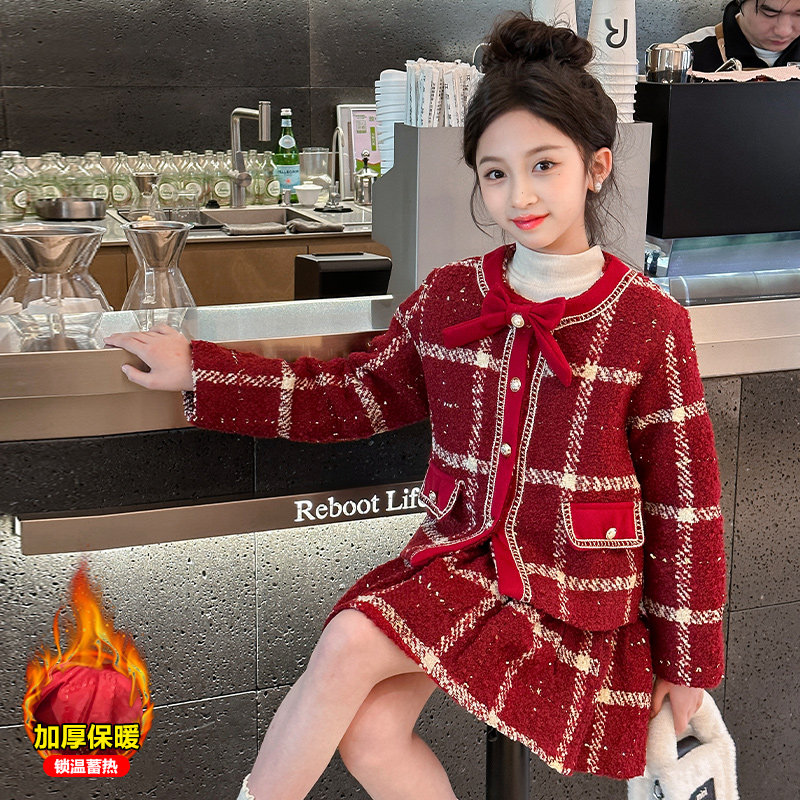 女童冬季加厚小香风套装2025新款秋冬款呢子外套短裙子两件套冬款