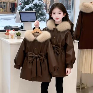 女童冬季加绒皮衣外套2025新款儿童洋气派克服中大童冬装保暖大衣