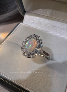 轻奢水钻椭圆蛋白石开口戒指