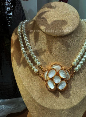 法式宫廷双层珍珠山茶花毛衣链