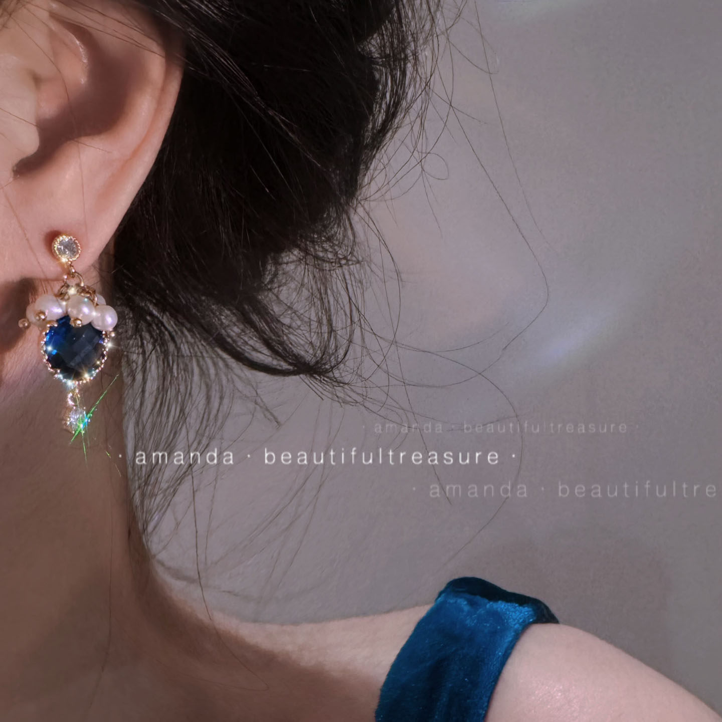 蓝色水晶珍珠耳环女高级感轻奢气质小巧精致韩国复古法式优雅耳钉