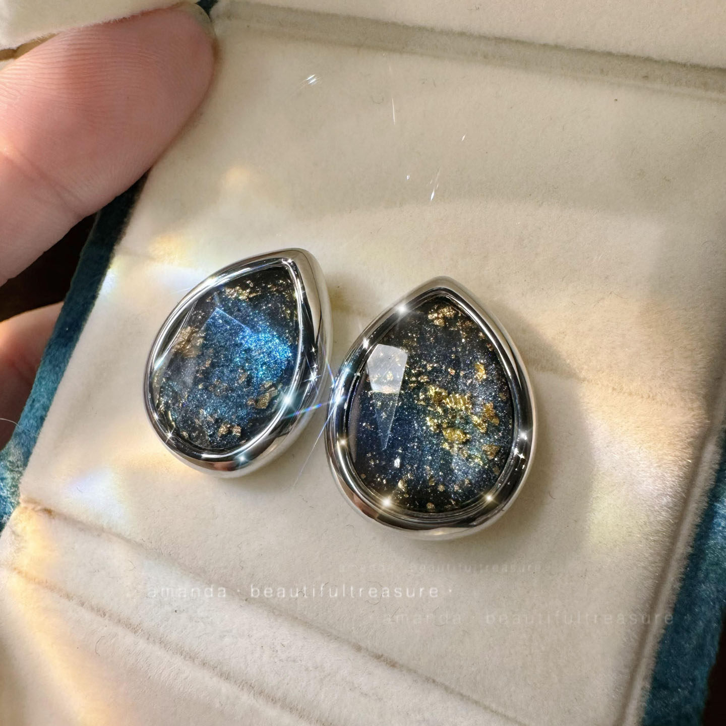 星空水滴耳钉925银针蓝灰色耳饰时尚气质高级感轻奢小众复古耳饰