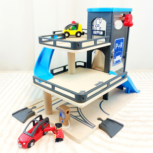 木质小车轨道三层停车场益智玩具木制仿真升降电梯大楼轨道车场景