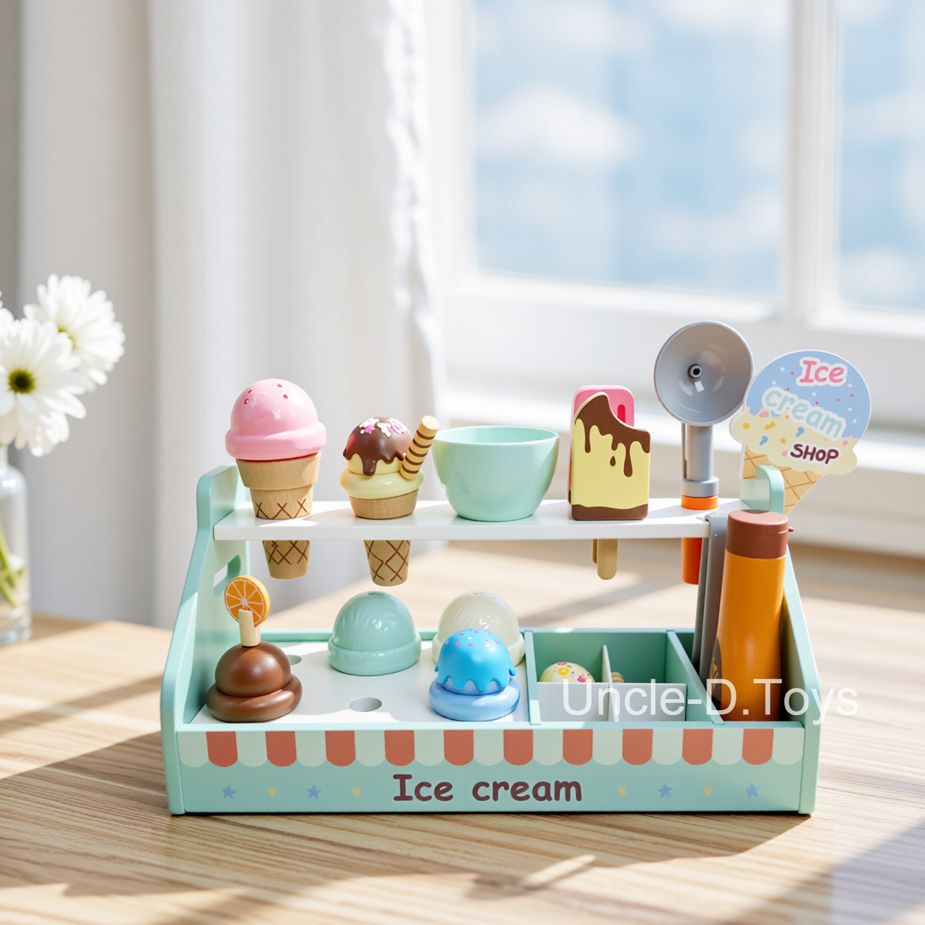 木制儿童仿真过家家冰淇淋机厨房玩具车冰激凌甜筒售卖商店男女孩