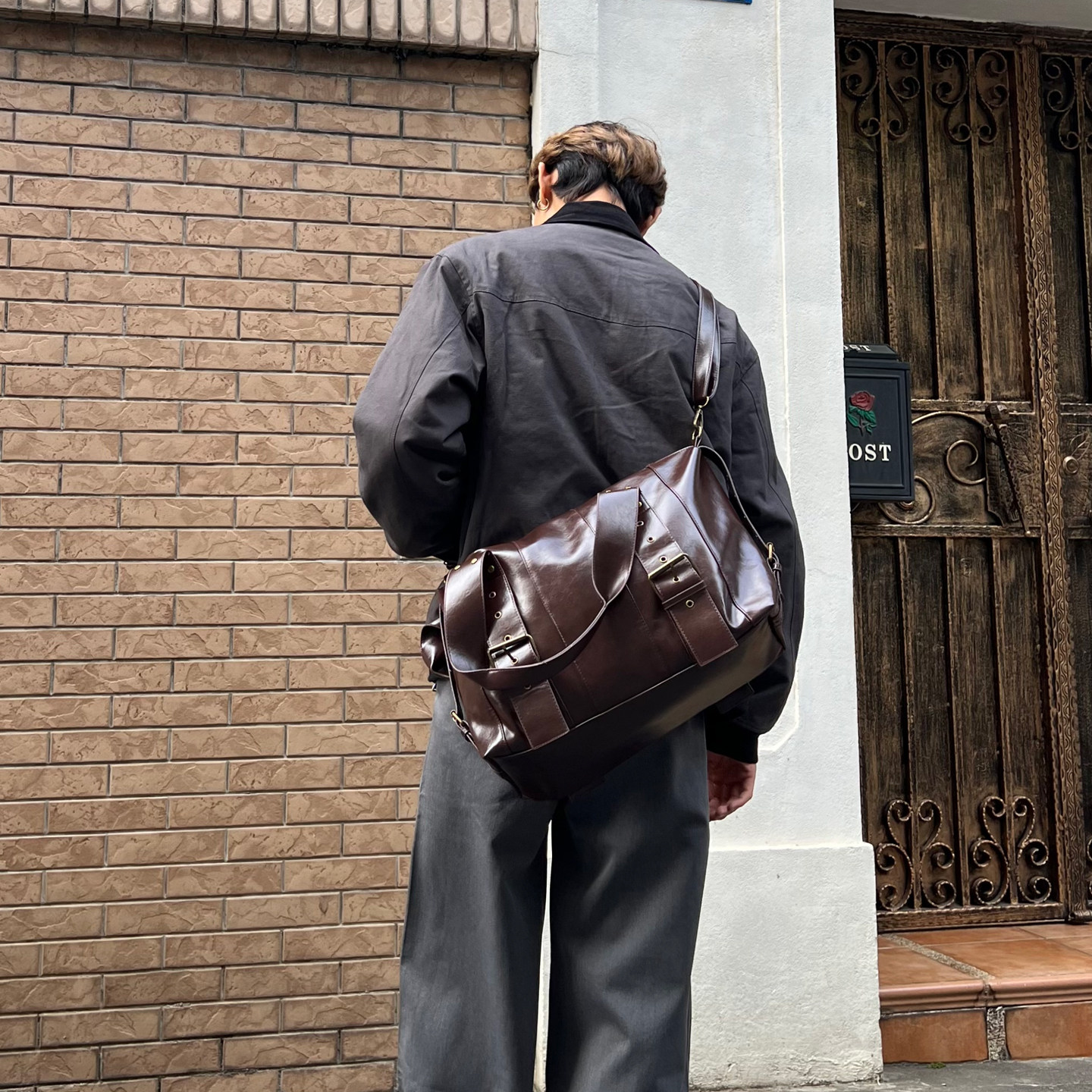 YUEN暗黑系原宿街头手提托特皮质大包男女pu港风街头中性风个性潮