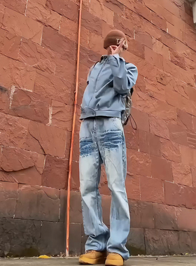 CTROOM国潮闪电蓝牛设计感裂纹美式直筒复古高街男女宽松百搭长裤