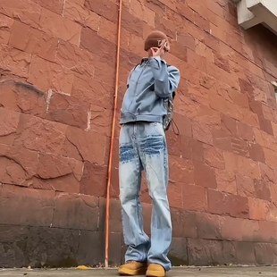 CTROOM国潮闪电蓝牛设计感裂纹美式直筒复古高街男女宽松百搭长裤