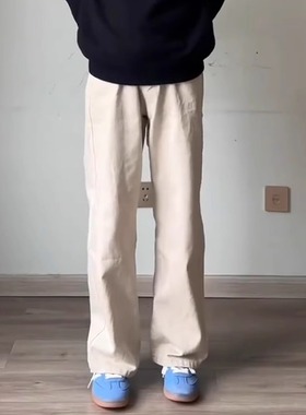 日系复古水洗工装休闲直筒裤秋冬季美式宽松简约百搭宽松牛仔裤男