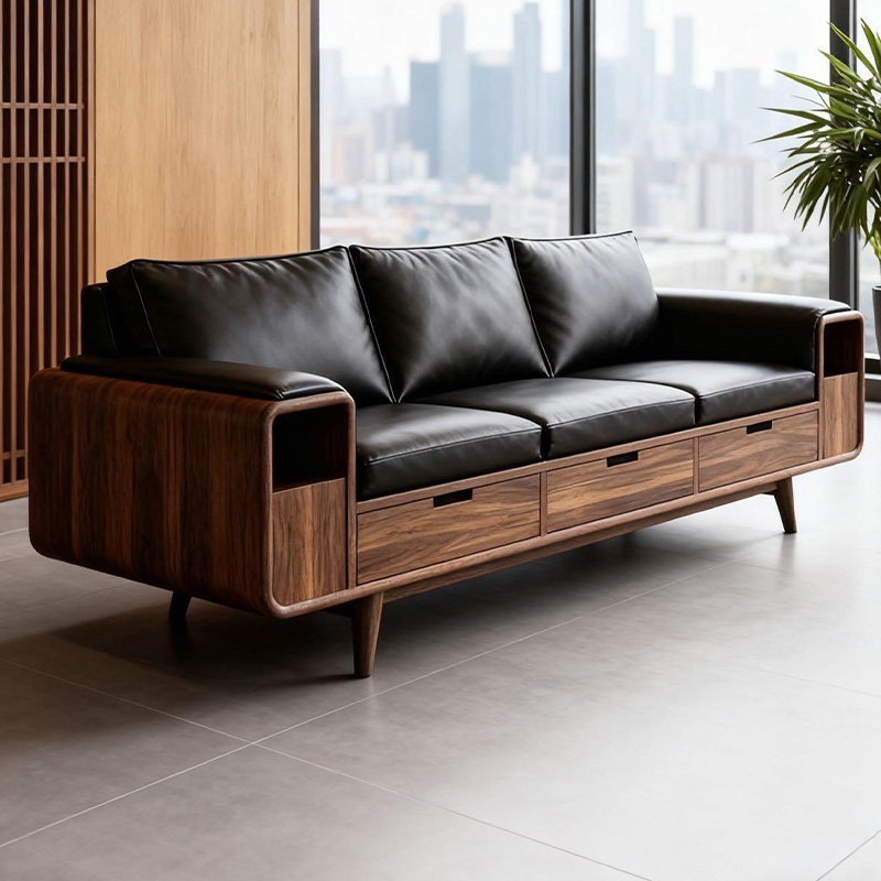 新中式北美黑胡桃木沙发2025新款高端轻奢高级感实木直排沙发储物