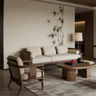 高端小户型客厅胡桃木沙发椅组合 美学沙发组合2025新款 新中式 宋式