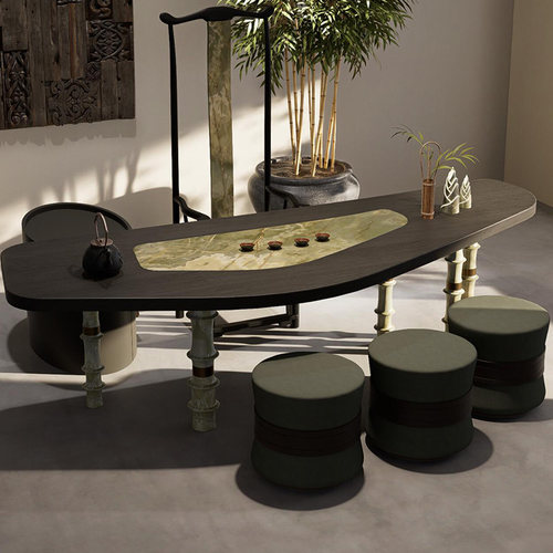 新中式实木茶桌茶台家用客厅茶室简约现代北美黑胡桃木岩板泡茶台