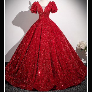 女童礼服高端大气红色亮片短袖V领大裙摆小主持人模特走秀演出服