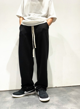 春夏休闲毛圈纯棉简约高街运动卫裤男阔脚直筒裤宽松垂感拖地长裤