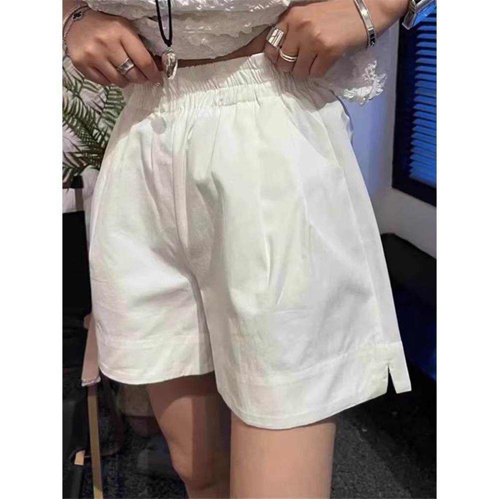 白色阔腿短裤女夏季薄款大码胖mm高腰宽松显瘦松紧腰百搭休闲中裤