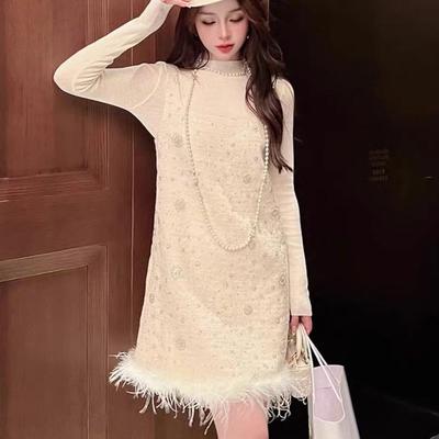 现货！吊带连衣裙女2024秋冬新款羊毛高领针织花朵亮片羽毛两件套