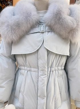 羽绒服女冬季新款设计感狐狸毛领收腰泡泡袖白鸭绒中长款外套