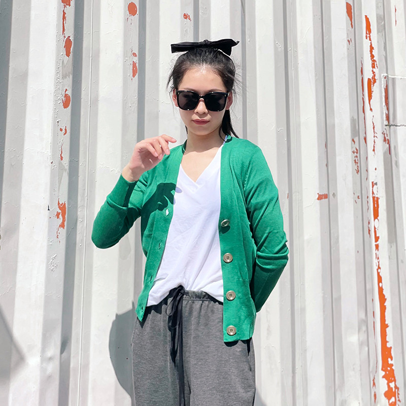 韩国东大门女装绿色针织气质显瘦设计感开衫长袖薄款外套百搭上衣