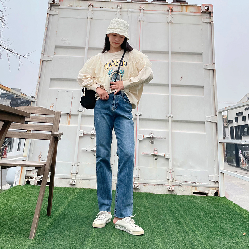 宽松直筒高腰阔腿牛仔裤长裤适中