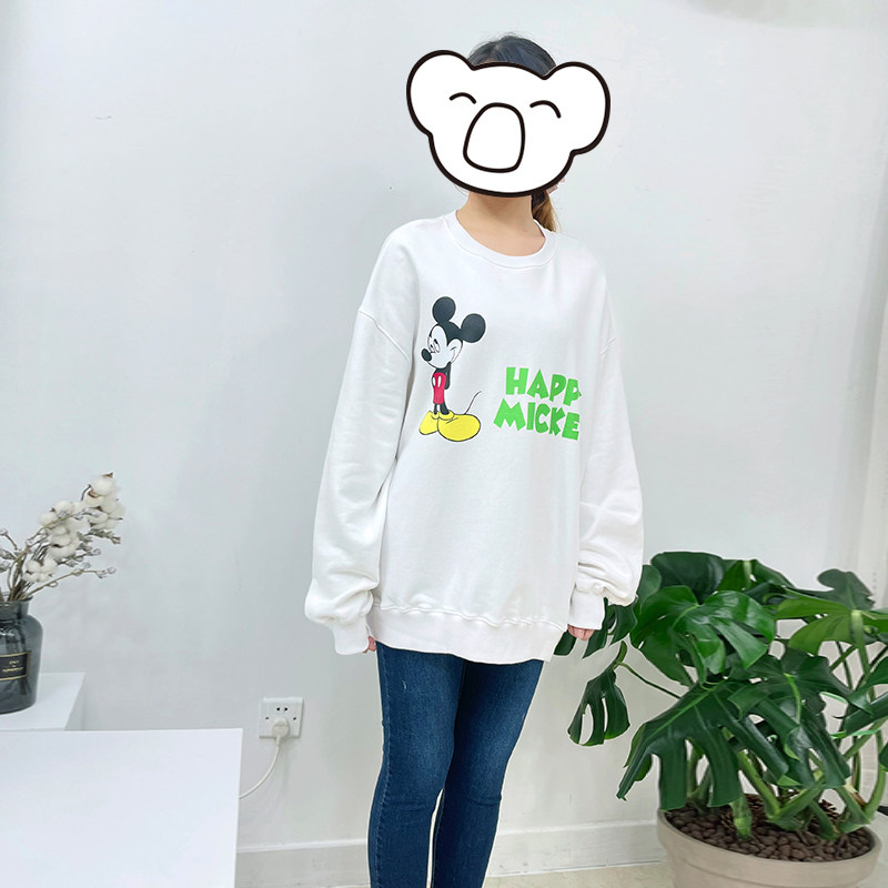 韩国纯棉套头圆领卫衣女早秋新款米奇图案宽松百搭外套女白色上衣