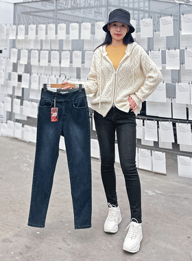 冬季新款高腰加绒小脚牛仔裤女韩国howluk显瘦薄绒保暖长裤