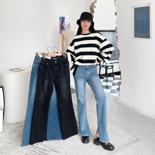 裤脚开叉弹力宽松微喇叭长裤女