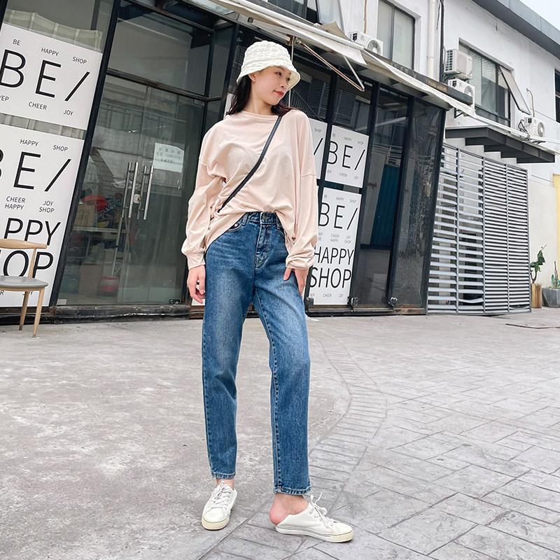 宽松高腰老爹裤哈伦牛仔裤