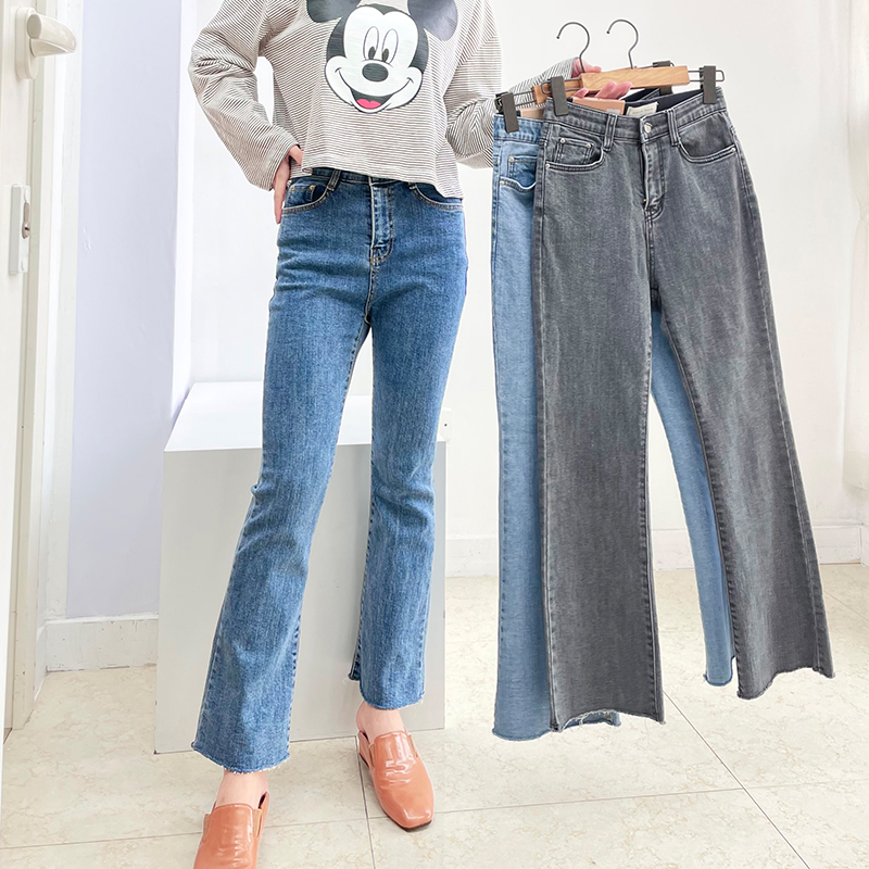 松紧腰微喇叭牛仔裤显瘦弹力长裤