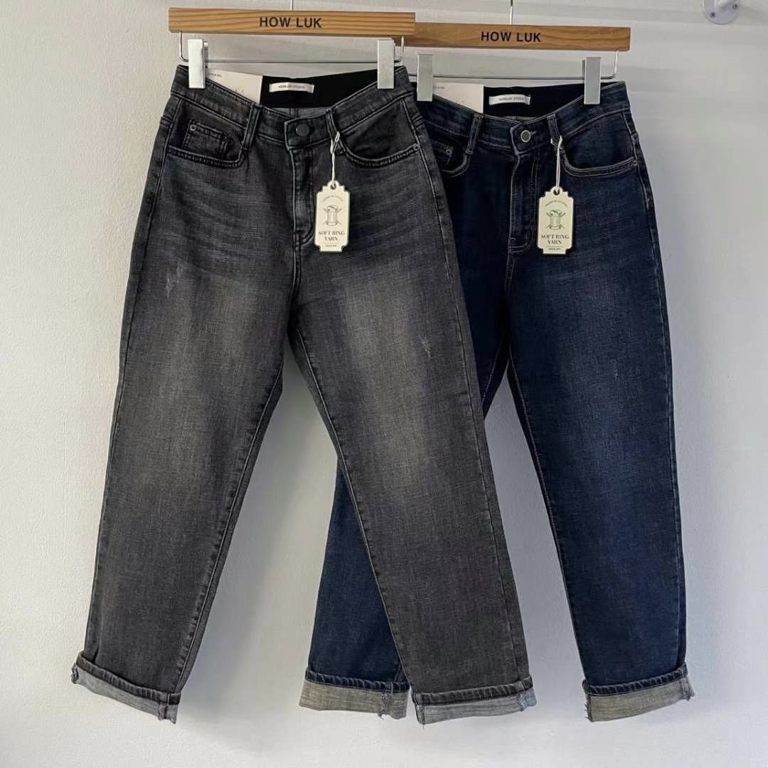 冬季加绒高腰弹力显瘦男友牛仔裤