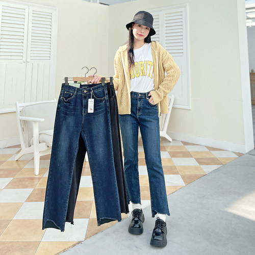 加绒直筒长裤牛仔裤2022冬季